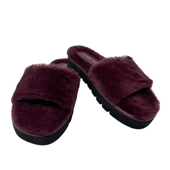 STUART WEITZMAN Sz 7 Elodie Chill Faux Fur Slide Sandal Cranberry - Picture 2 of 11